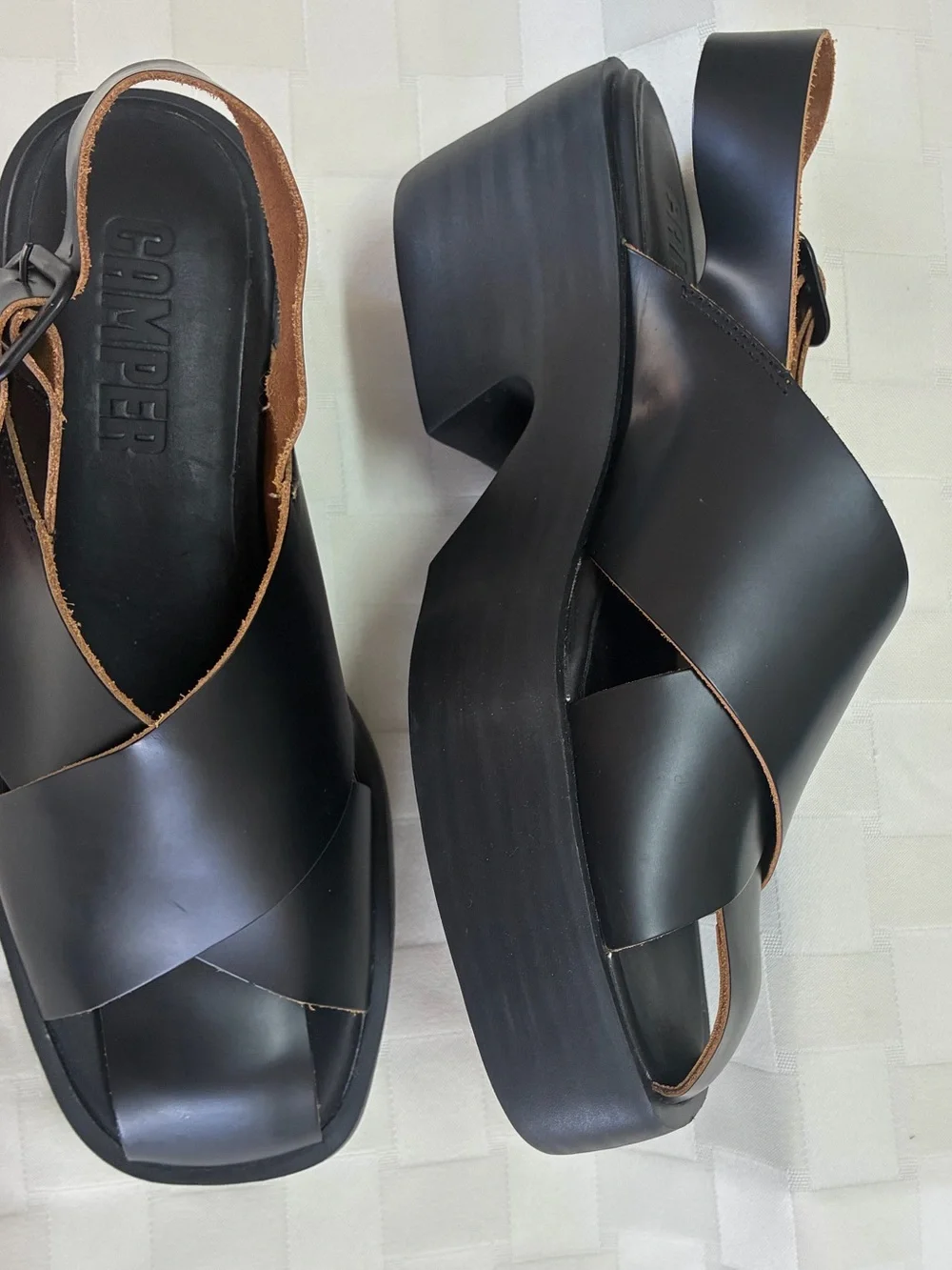 Camper Black Platform Slingback Sandals with Cross-Strap Upper